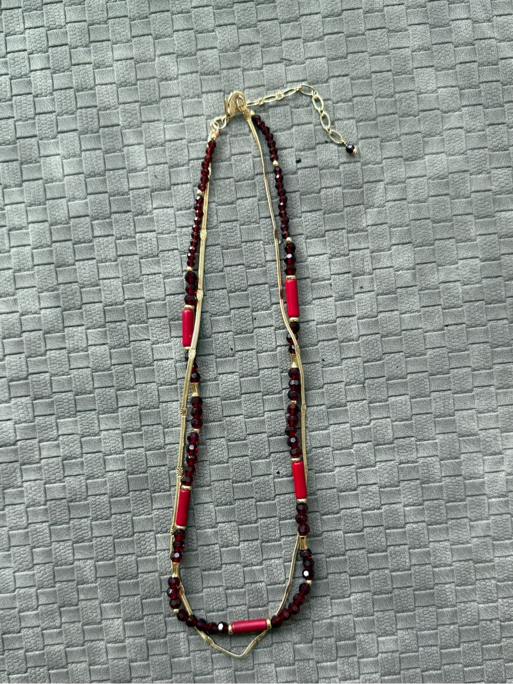 Gold tone Red and black Beaded double strand Necklace